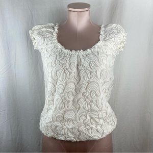 Max Studio Floral Lace Sheer Prairie Peasant Cap Short Sleeve White , size S